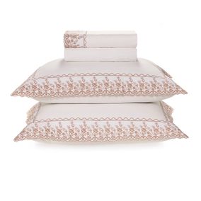 Jogo de Cama Queen 200 Fios Bordado Antônia Branco/Rosa
