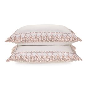Fronha 2 Peças 200 Fios Bordado Antônia Branco/Rosa